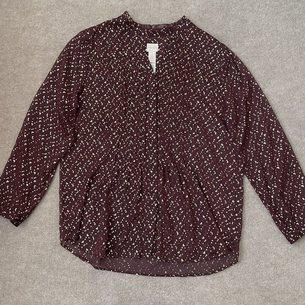 Chico's Shirt Womens Size 2 (Large) Maroon Metallic Gold Sheer Lightweight Top